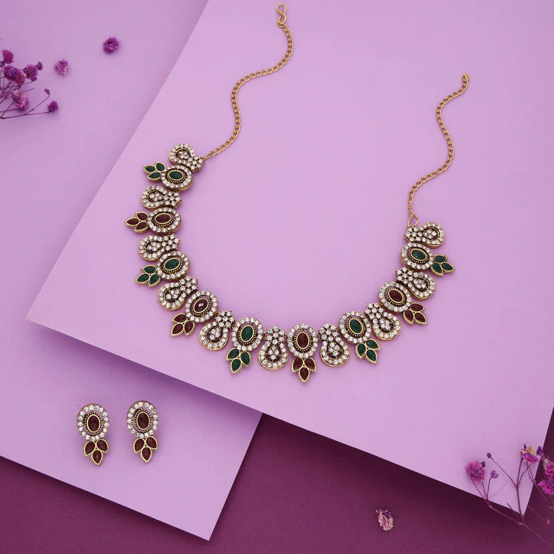Tehzeeb Creation  gold pleated green and maroon colour choker with dangle earrings THZ280