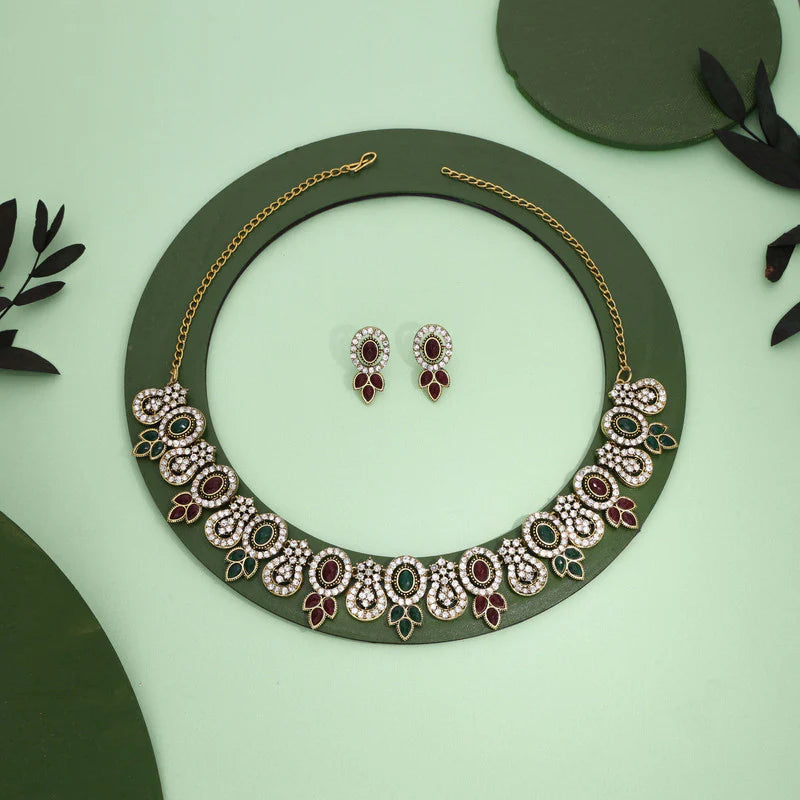 Tehzeeb Creation  gold pleated green and maroon colour choker with dangle earrings THZ280
