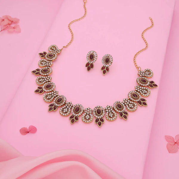Tehzeeb Creation  gold pleated maroon colour choker with dangle earrings THZ281