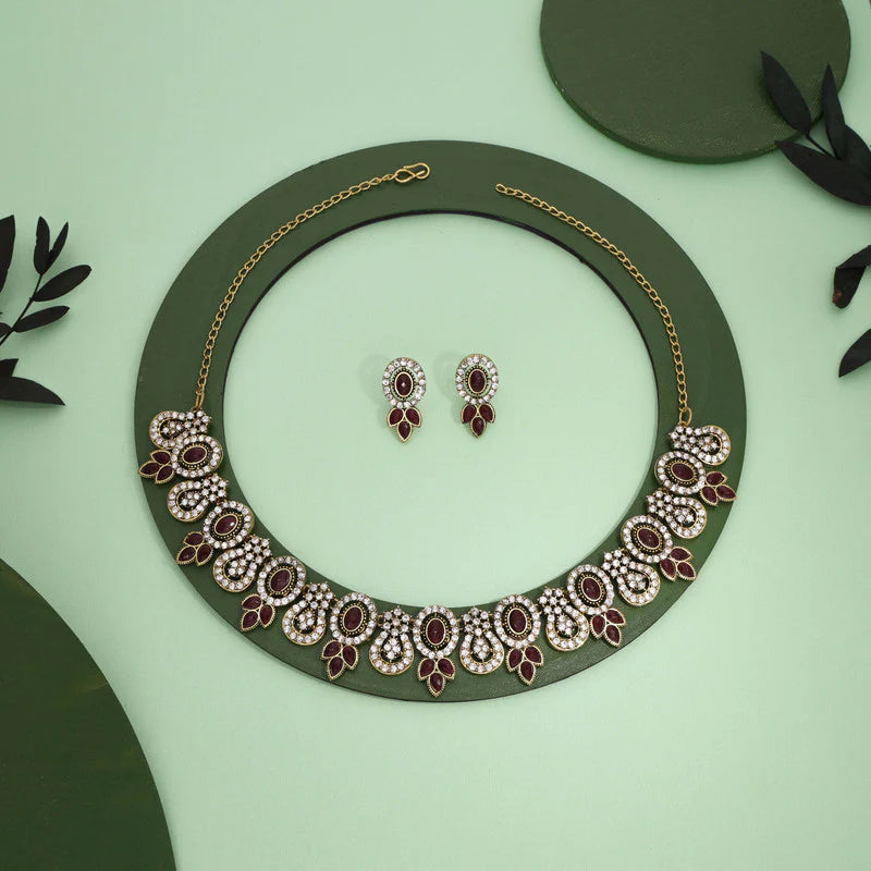 Tehzeeb Creation  gold pleated maroon colour choker with dangle earrings THZ281