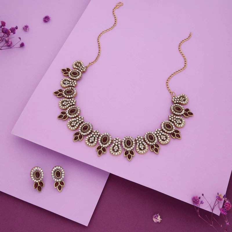 Tehzeeb Creation  gold pleated maroon colour choker with dangle earrings THZ281