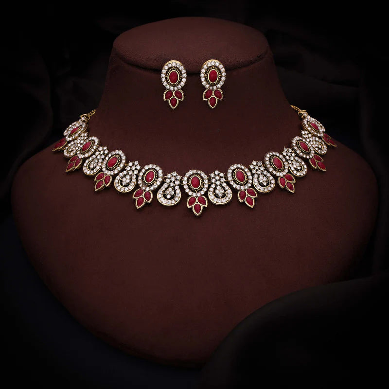 Tehzeeb Creation gold pleated pink colour choker with dangle earrings THZ286