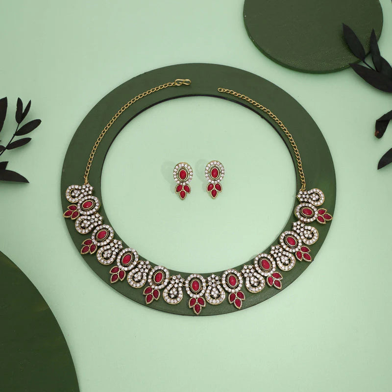 Tehzeeb Creation gold pleated pink colour choker with dangle earrings THZ286