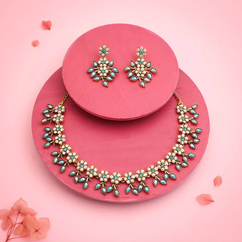 Tehzeeb Creation gold pleated sky blue colour choker with dangle earrings THZ287