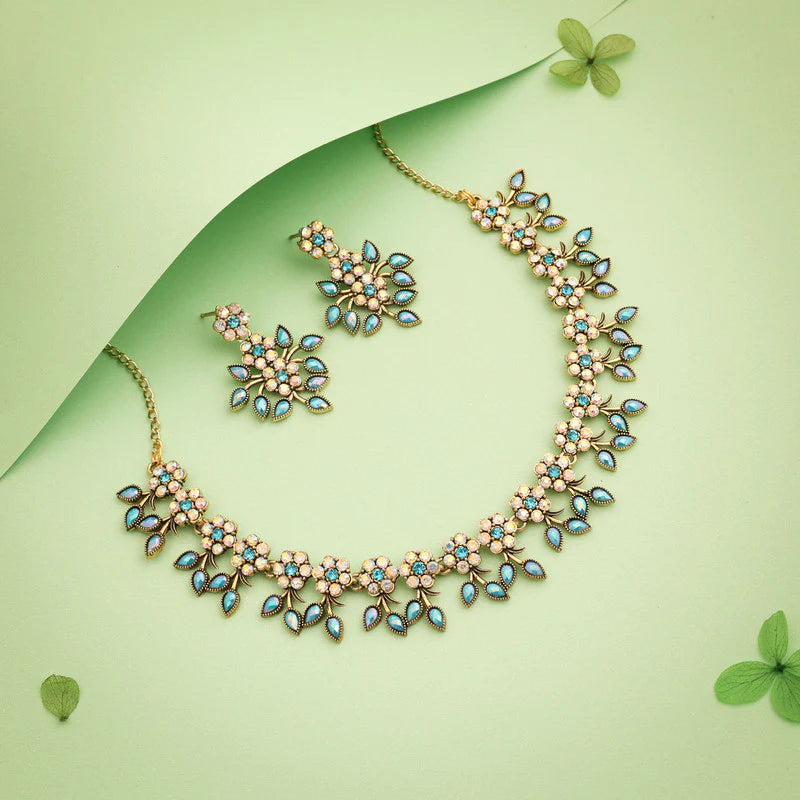 Tehzeeb Creation gold pleated sky blue colour choker with dangle earrings THZ287