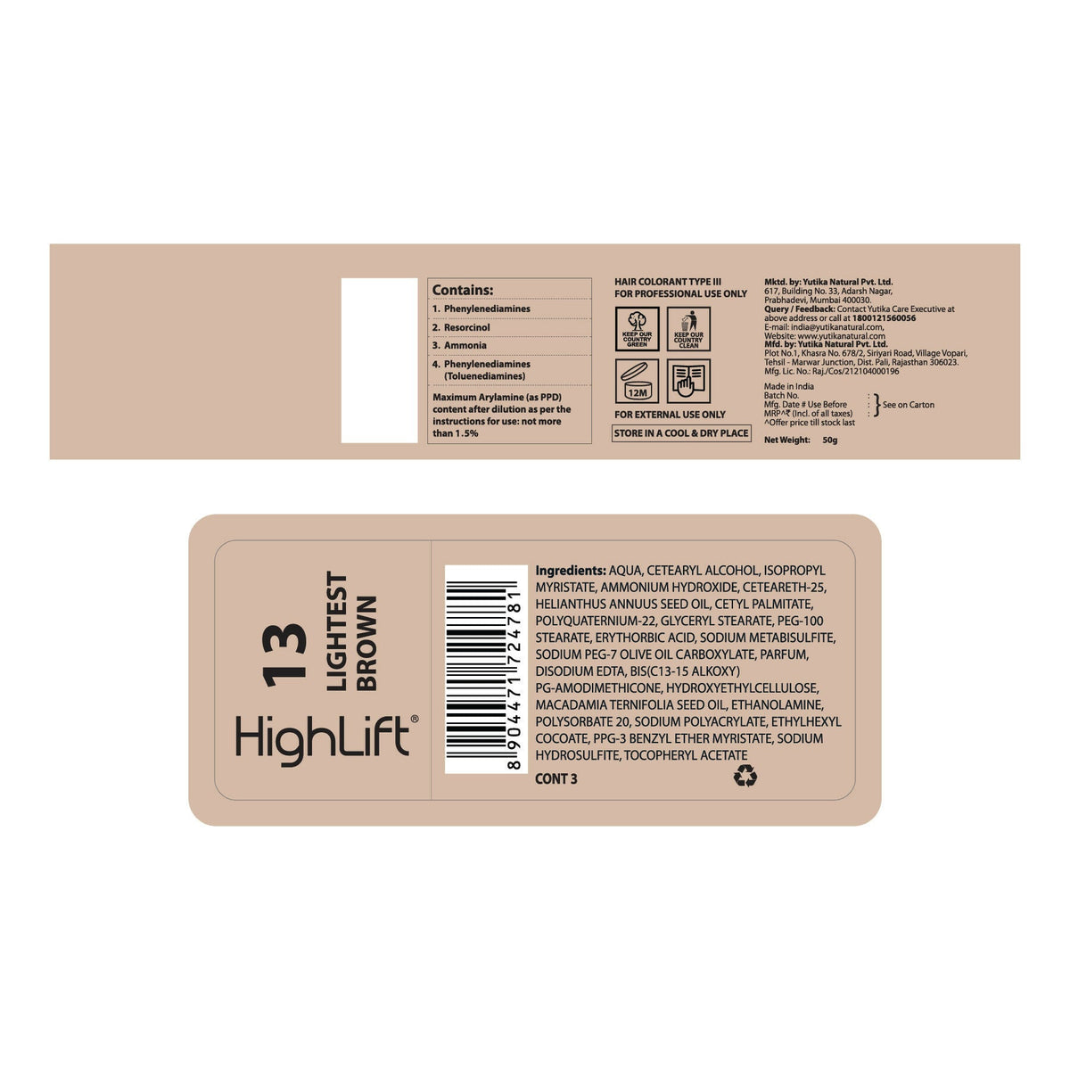 Yuthika Professional High lift Creme Hair Colour 13 Light Brown