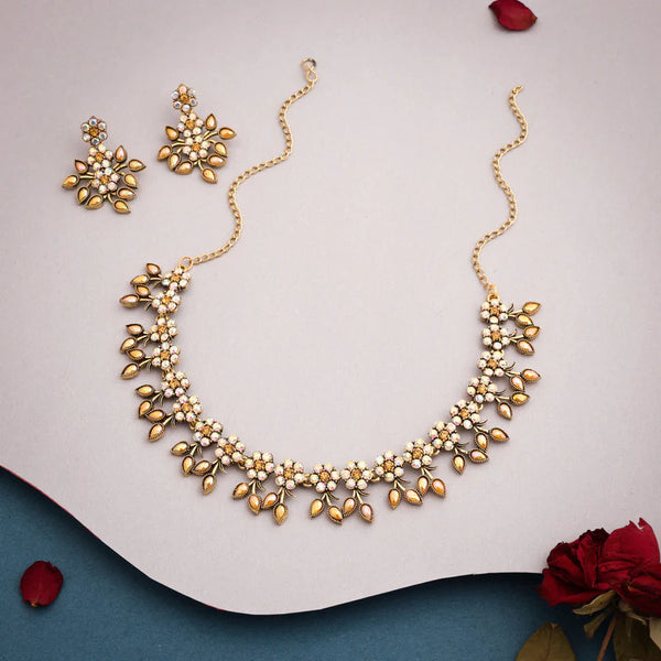 Tehzeeb Creation gold pleated yellow colour choker with dangle earrings THZ288