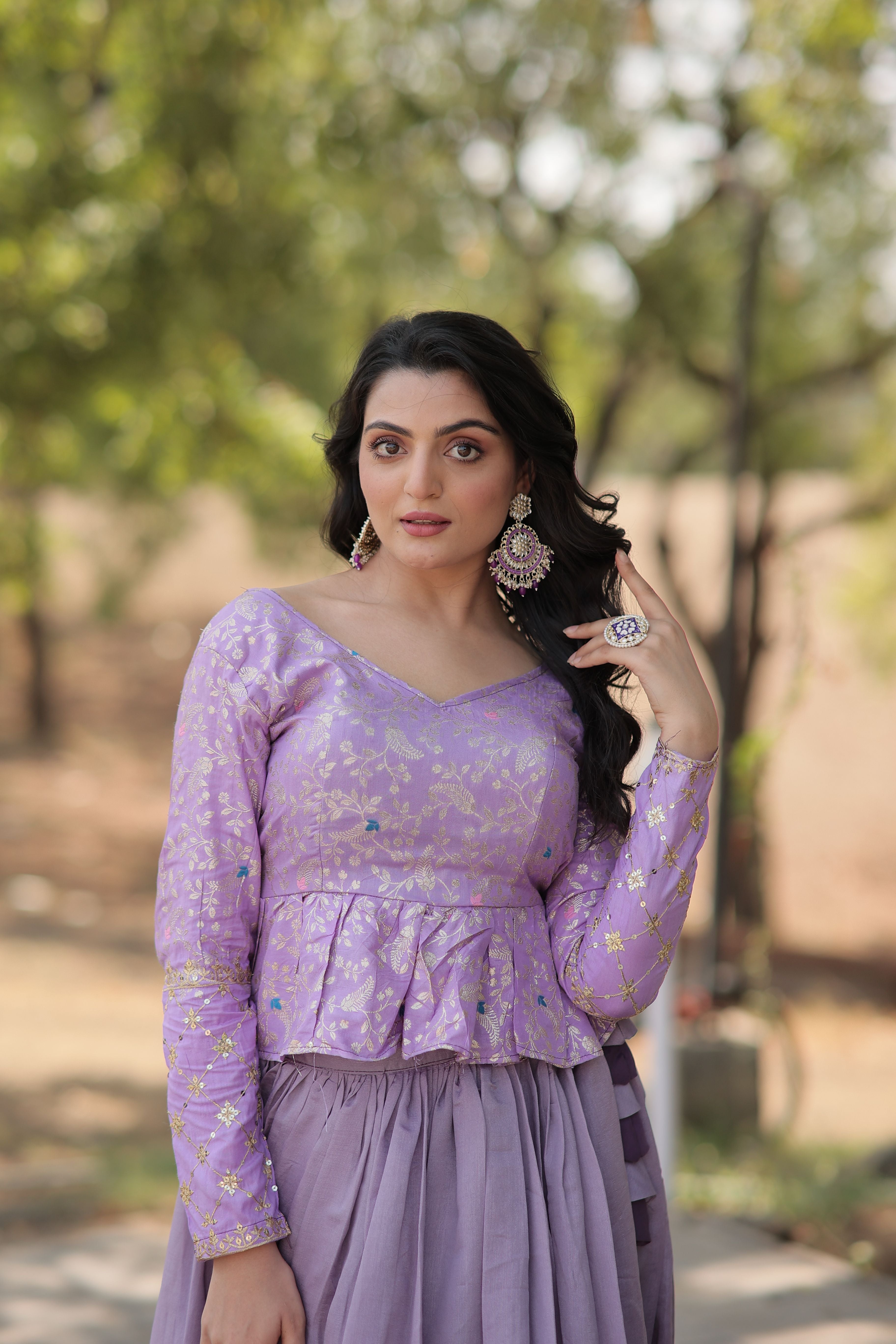 Aastha fashion  Lavender Shimmer Vichitra Lehenga  Viscose Jacquard  blouse fabric embroidery work