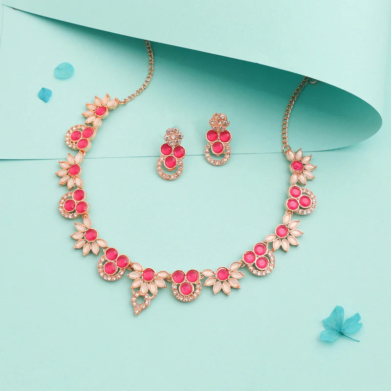 Tehzeeb Creation gold pleate pink choker nacklace with stud  THZ295