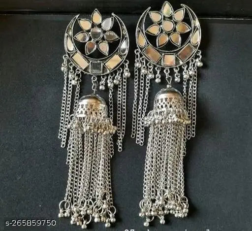 WOMENS SILVER COLOUR OXIDISED EARRINGS WITH MIRROR AND CHIAN  THZ029