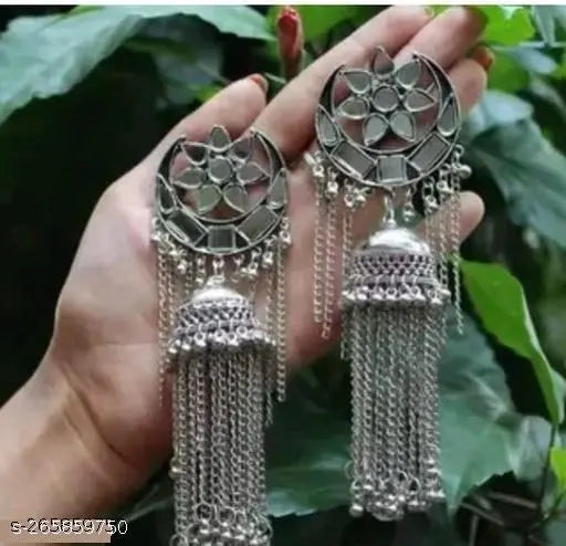 WOMENS SILVER COLOUR OXIDISED EARRINGS WITH MIRROR AND CHIAN  THZ029