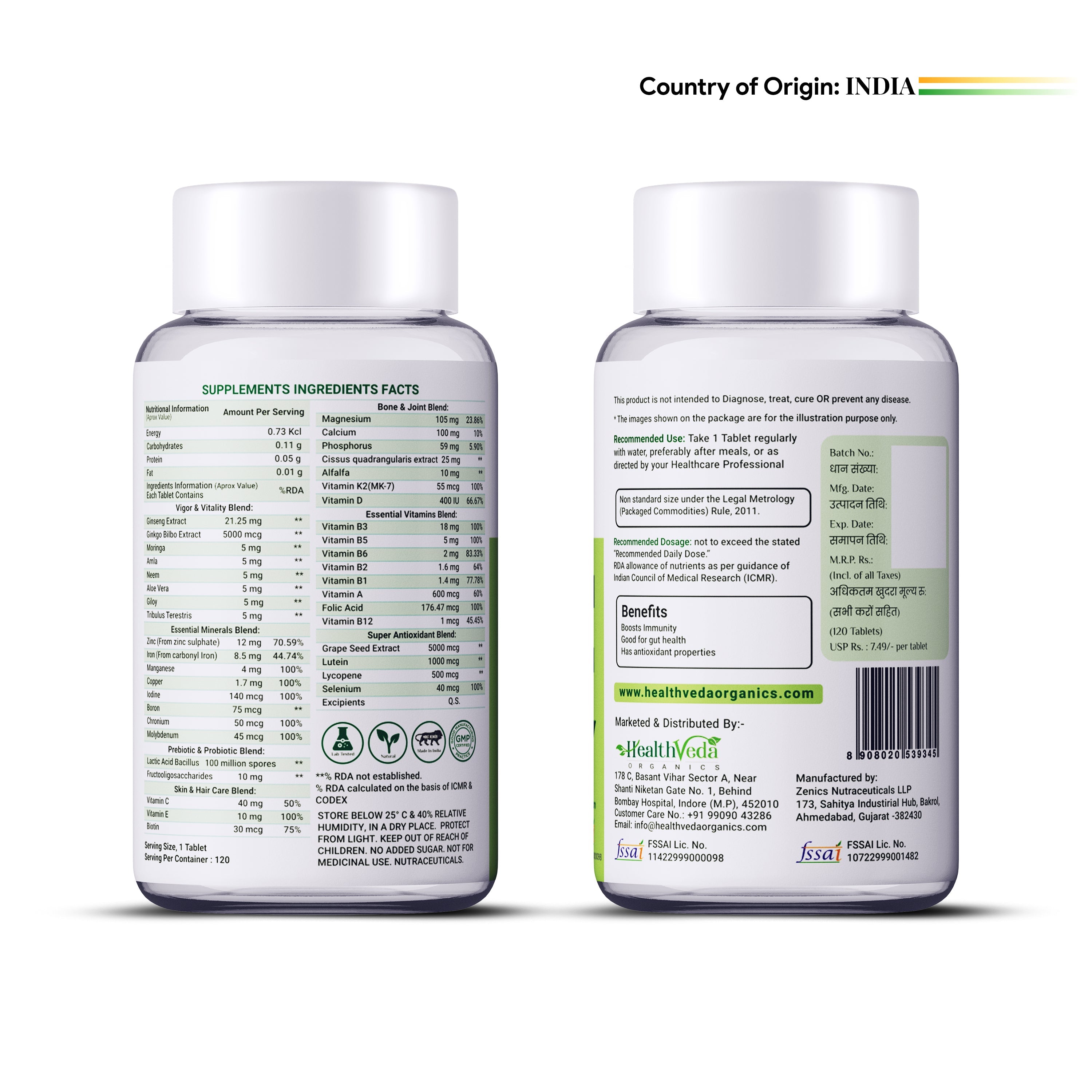 Health Veda Organics Multivitamin Tablets with Probiotics for both Men & Women