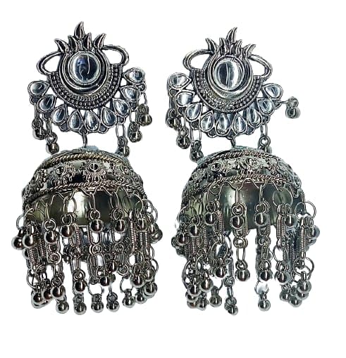 Tehzeeb Creations Women's Silver Colour Oxidised Earrings With Kundan And Mirror Work