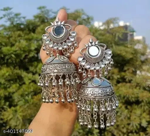 Tehzeeb Creations Women's Silver Colour Oxidised Earrings With Kundan And Mirror Work