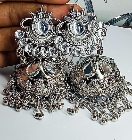 Tehzeeb Creations Women's Silver Colour Oxidised Earrings With Kundan And Mirror Work