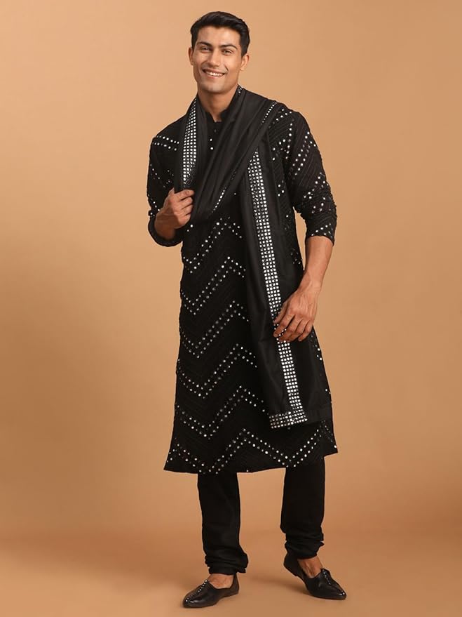 LUXE Men's Black Georgette Kurta and Pyjama Set | Mirror work Black Georgette Kurta With Pyjama and Dupatta