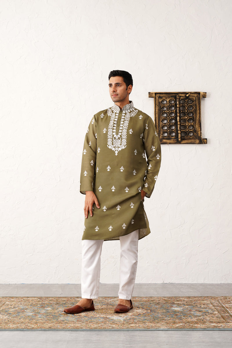 Men's Olive Chikankari Embroidered Kurta With Pyjama