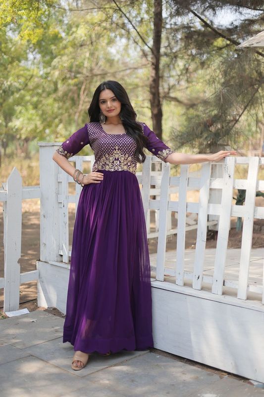 Aastha Purple with Gown Blooming Faux Georgette Embroidery Zari Sequins-work