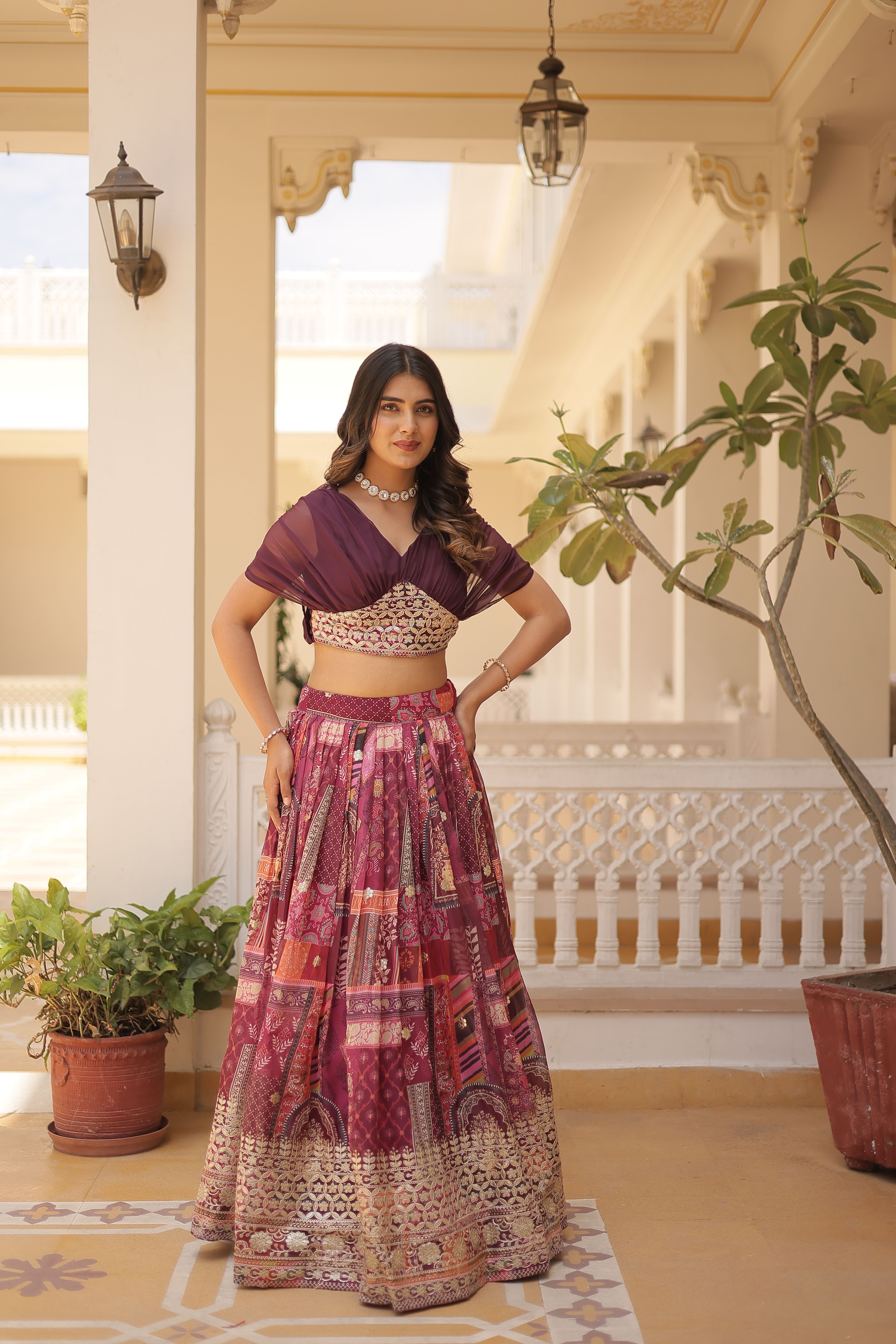 Aastha fashion wine Lehenga Chinnon koti febric embroidery