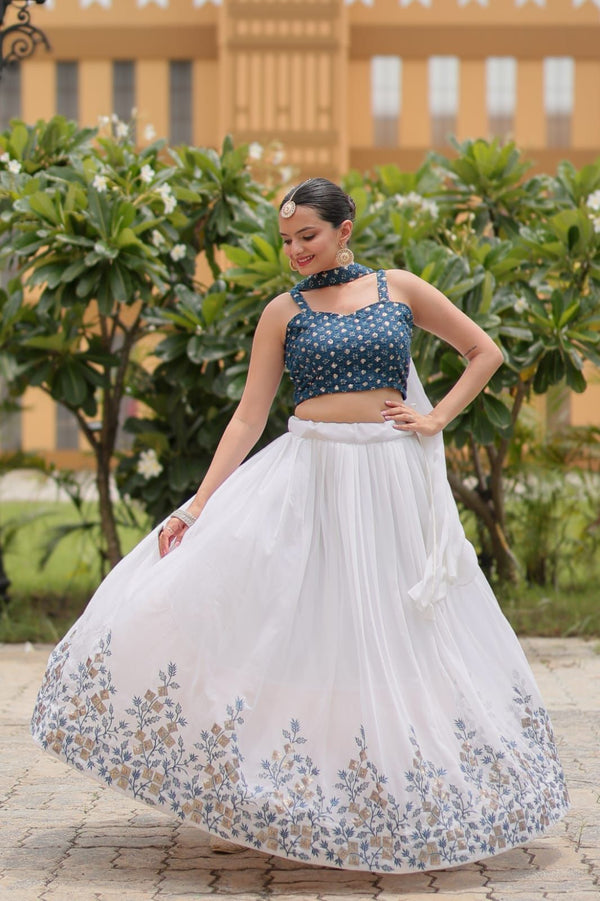 Aastha fashion white pure georgette lehanga blue blouse fabric embroidery work