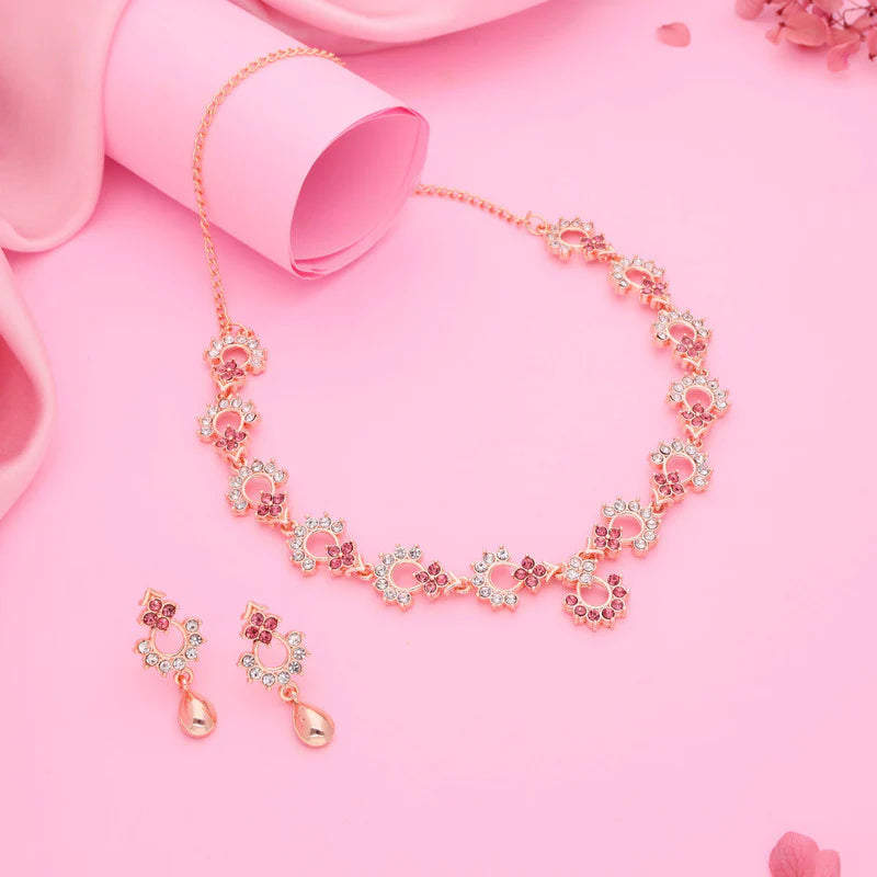 Tehzeeb Creation gold pleated pink diamond nacklace with earrings THZ302