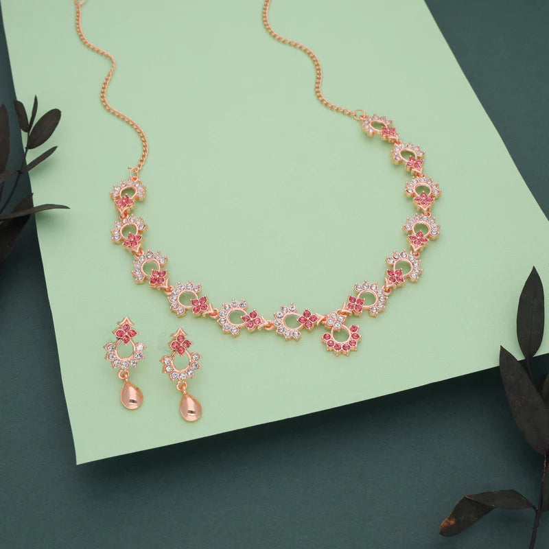 Tehzeeb Creation gold pleated pink diamond nacklace with earrings THZ302