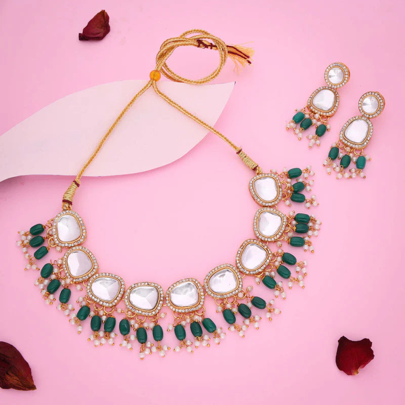 Tehzeeb Creation gold pleated kundan green colour nacklace with earrings THZ304