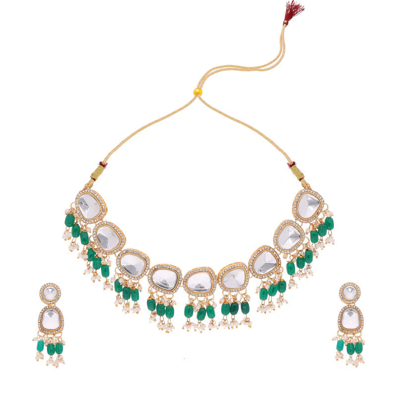 Tehzeeb Creation gold pleated kundan green colour nacklace with earrings THZ304