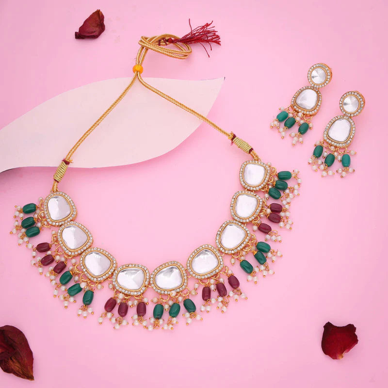 Tehzeeb Creation gold pleated kundan green & maroon colour nacklace with earrings THZ305