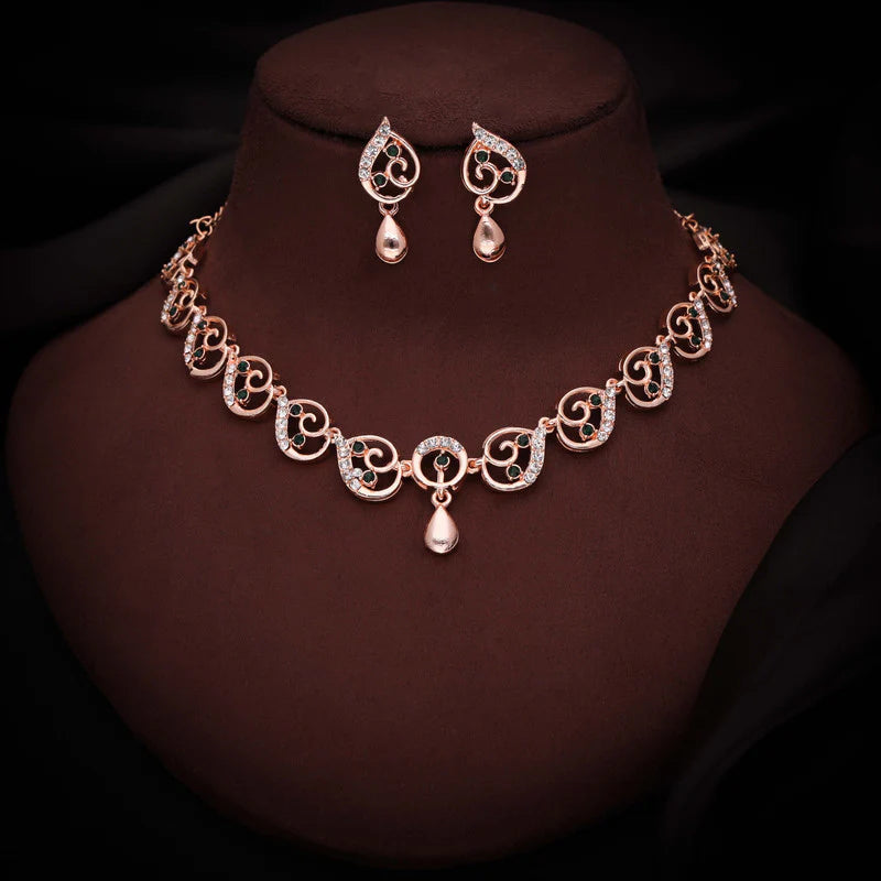 Tehzeeb Creation brass rose gold pleated green colour nacklace with earrings