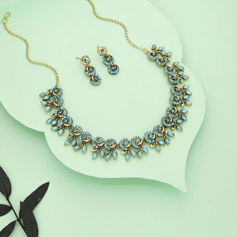Tehzeeb Creation gold pleate sky blue colour choker set  THZ314