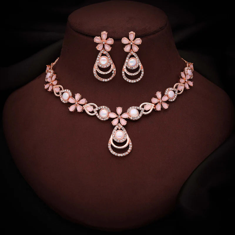 Thezeeb Creation rose gold pleated baby pink colour nacklace with stud THZ319