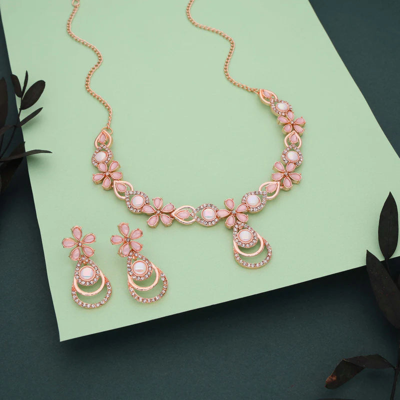 Thezeeb Creation rose gold pleated baby pink colour nacklace with stud THZ319