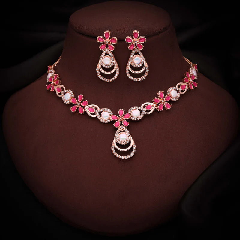 Thezeeb Creation rose gold pleated pink colour nacklace with stud THZ322