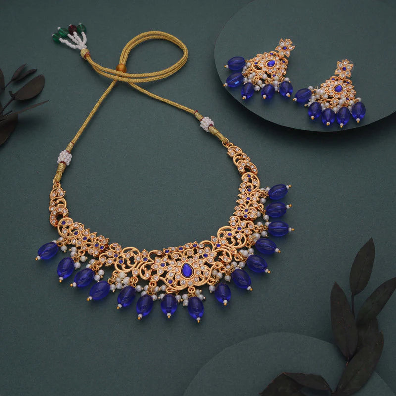 Tehzeeb Creation gold pleated blue colour nacklace with stud  THZ325