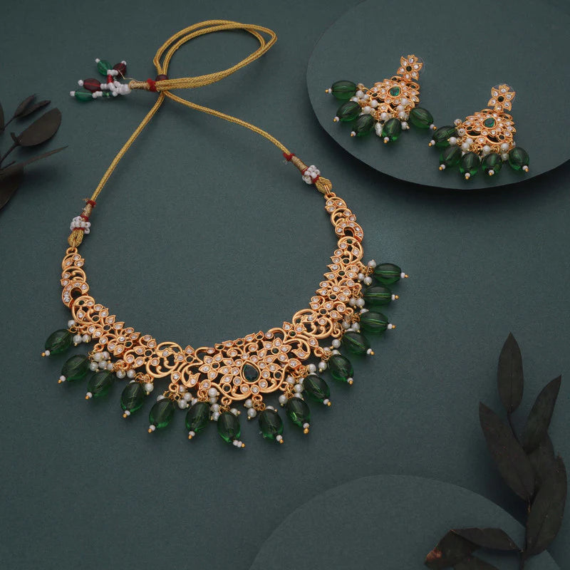Tehzeeb Creation gold pleated green colour nacklace with stud  THZ326