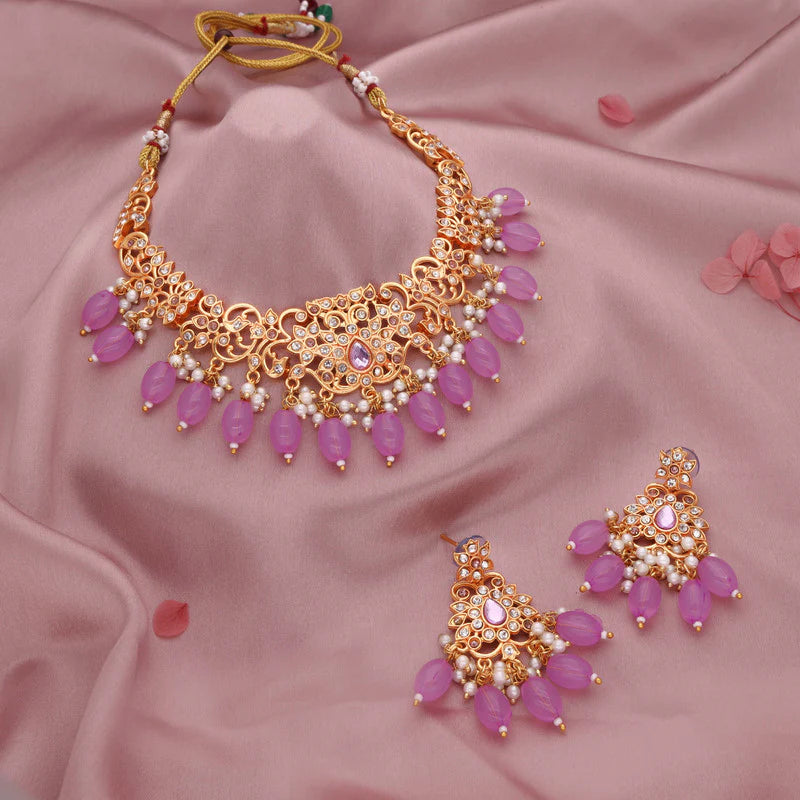 Tehzeeb Creation gold pleated lavender colour nacklace with stud  THZ327