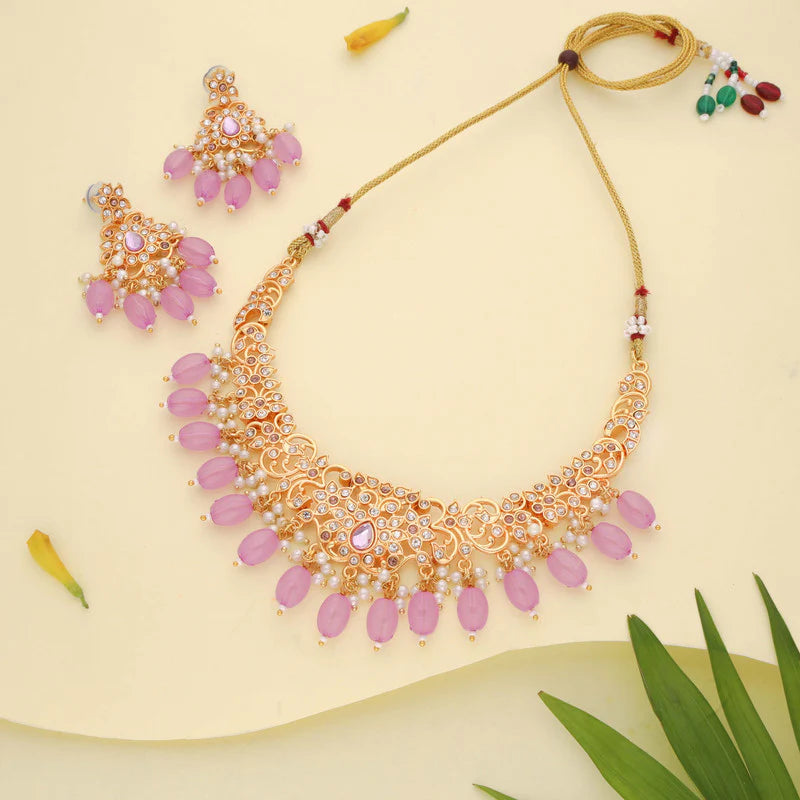 Tehzeeb Creation gold pleated lavender colour nacklace with stud  THZ327