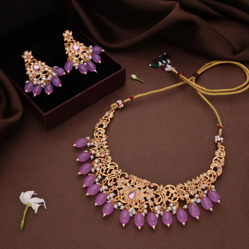 Tehzeeb Creation gold pleated lavender colour nacklace with stud  THZ327