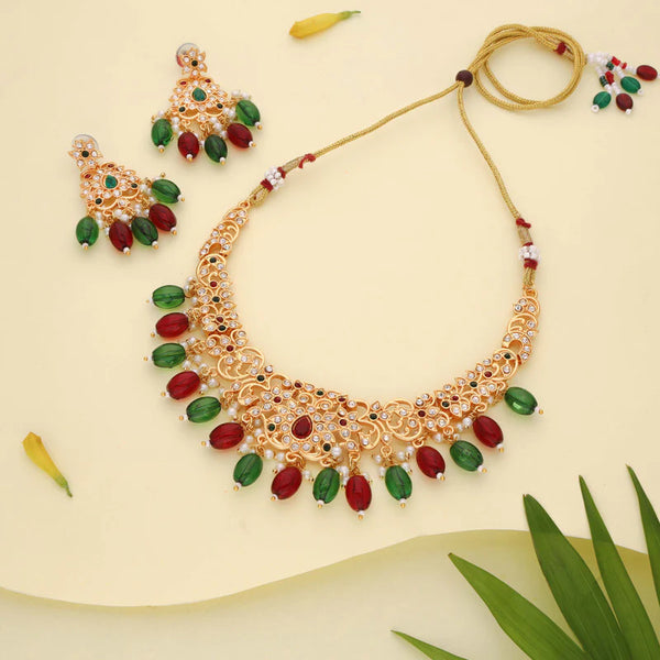 Tehzeeb Creation gold pleated maroon colour nacklace with stud  THZ328