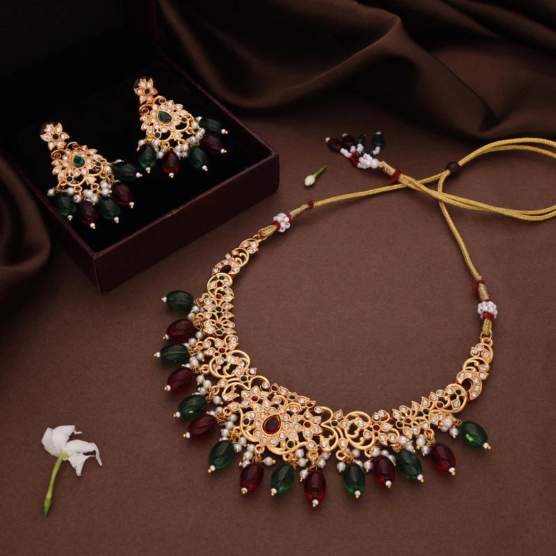 Tehzeeb Creation Maroon colour Gold pleated stone studded Nacklace with earrings  THZ205
