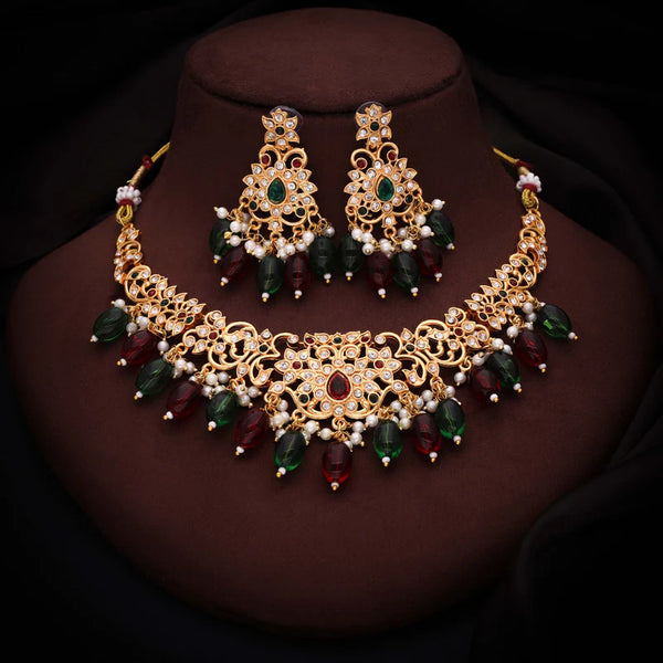 Tehzeeb Creation Maroon colour Gold pleated stone studded Nacklace with earrings  THZ205