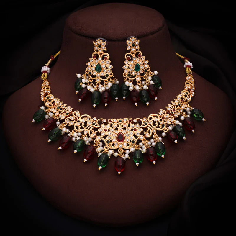 Tehzeeb Creation Maroon colour Gold pleated stone studded Nacklace with earrings  THZ205