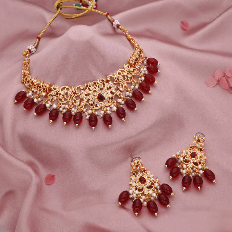 Tehzeeb Creation gold pleated maroon & green colour nacklace with stud  THZ329