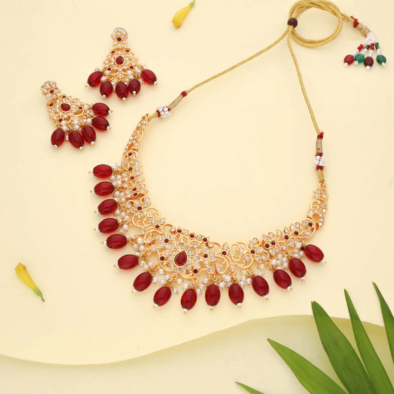 Tehzeeb Creation gold pleated maroon & green colour nacklace with stud  THZ329