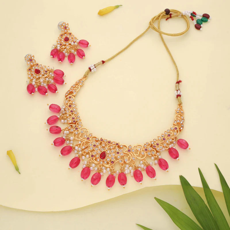 Tehzeeb Creation gold pleated pink colour nacklace with stud  THZ330