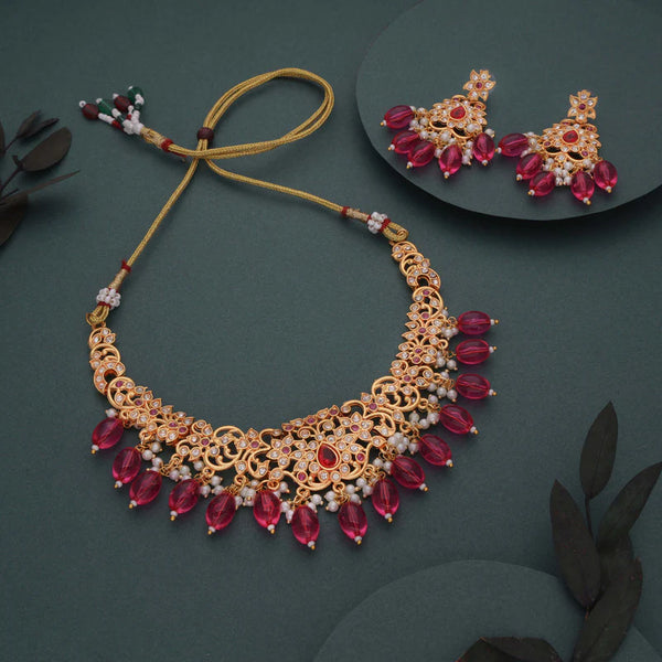 Tehzeeb Creation gold pleated pink colour nacklace with stud  THZ330