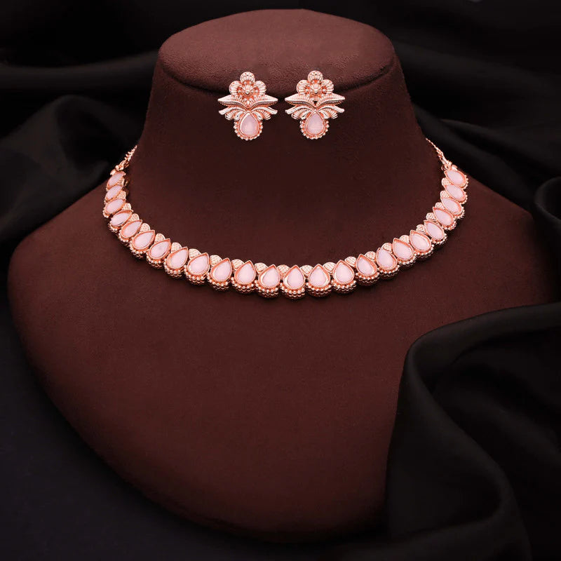 Tehzeeb Creations rose gold polish baby pink colour nacklace with pair of earrings THZ340
