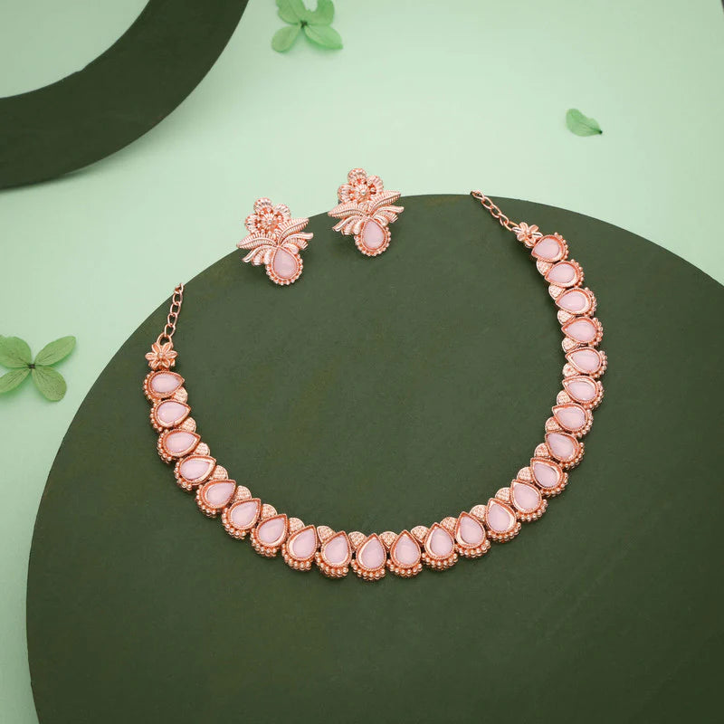 Tehzeeb Creations rose gold polish baby pink colour nacklace with pair of earrings THZ340