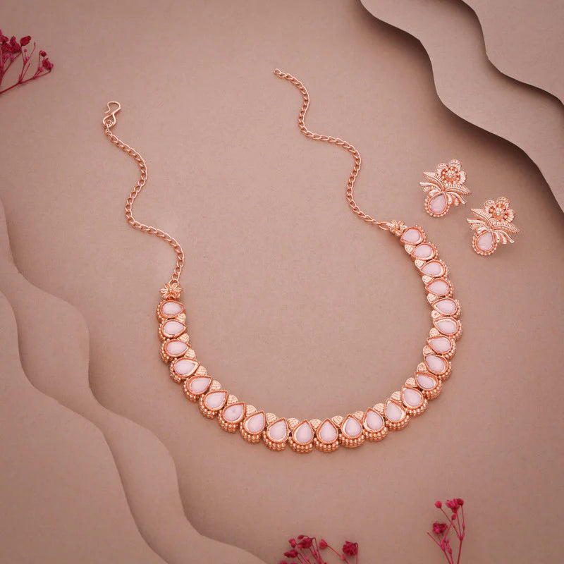 Tehzeeb Creations rose gold polish baby pink colour nacklace with pair of earrings THZ340